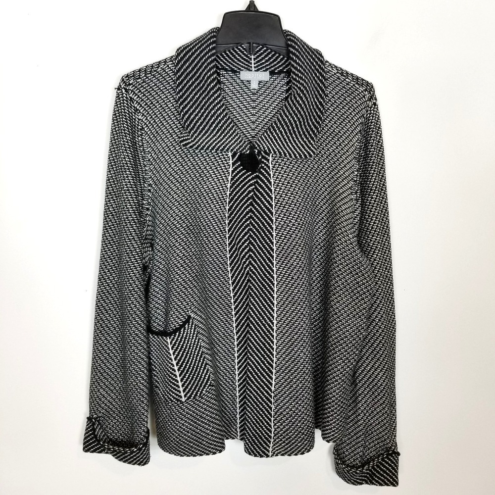 Habitat Women Single Button Knit Jacket Sz L Black White Printed Cotton Classic‎